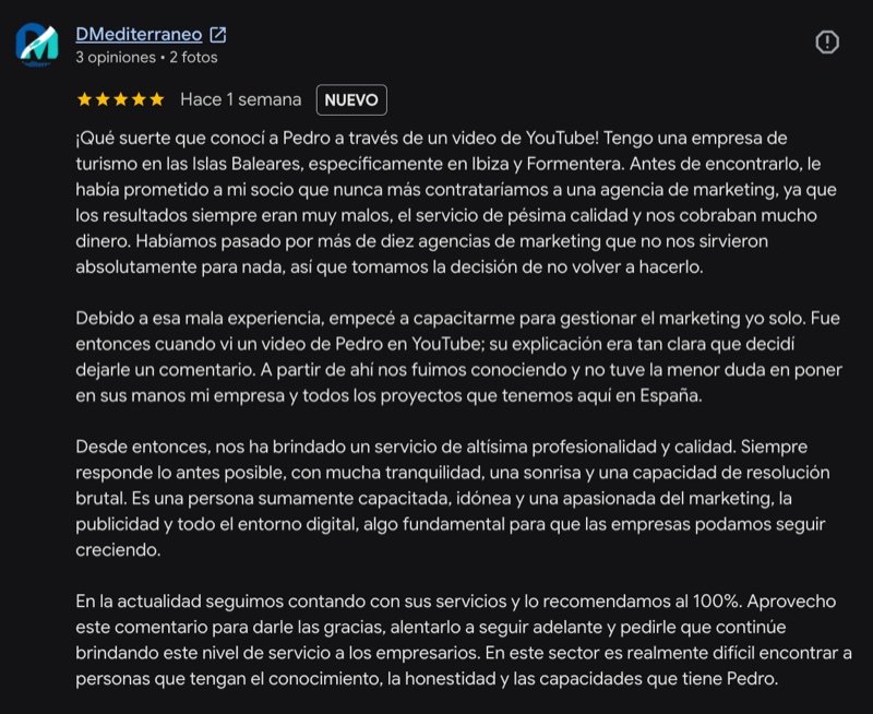Avaliação no Google — DMediterraneo, empresa de turismo em Ibiza (original em espanhol)